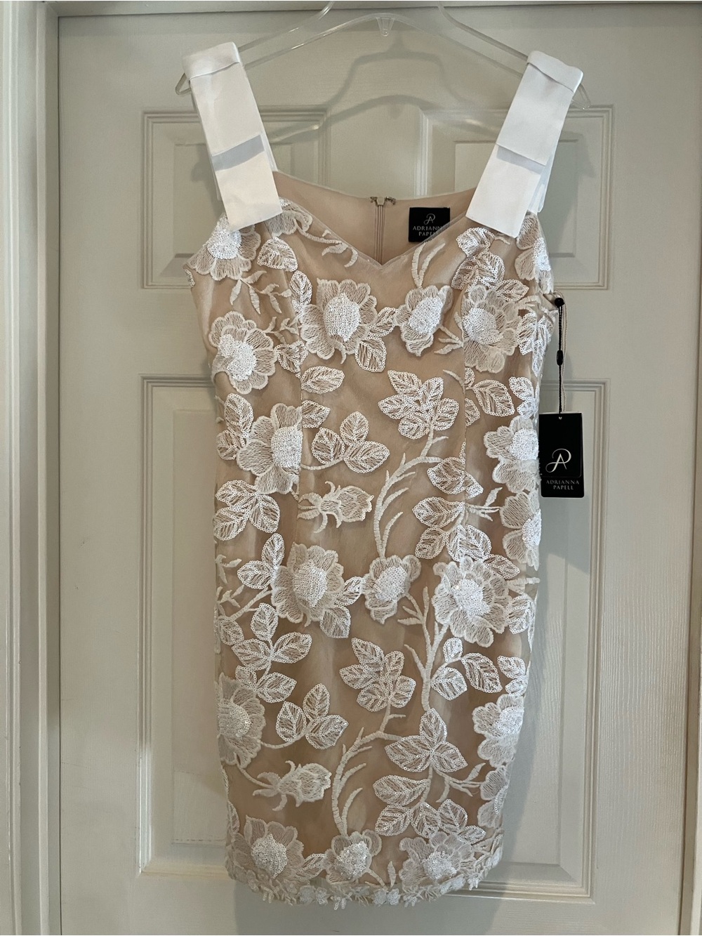 ADRIANNA PAPELL Sequin Embroidered Satin Bow Sheath Dress Ivory Nude 6 NEW NWT